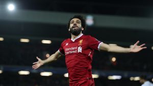 Salah i målform för Liverpool. Mohamed Salah firar ett mål för Liverpool