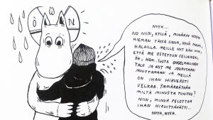Hometalon ostanut etsii lohtua Lauri Ahtisen sarjakuvakirjassa Homepäiväkirjat, 2015 sarjakuvapiirros