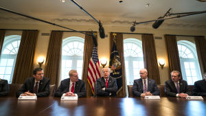 Donald Trump talade i försiktigare ton om angreppen, efter att ha varnat Ryssland och regimen om att missilerna var på kommande. Donald Trump träffar företrädare för den amerikanska stål- och aluminiumindustrin, i Vita huset den 1 mars 2018.