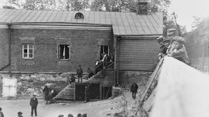 Nyfikna pojkar tittar på fångarna bakom nuvarande Café Chapman nära bron mellan Vargön och Stora Öster Svartö. Unga pojkar tittar på fångar på Sveaborg 1918 på Vargön på Adlerfeldts gård.