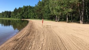 Än så länge är stranden tom, men en sådan här morgon brukar betyda en bråd dag vid stranden. Simstrand vid Degerö i Helsingfors.