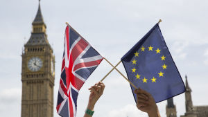 Än så länge hör Storbritannien till EU, men brexit håller på att att skilja dem åt. Storbritanniens och EU:s flagga framför Big Ben.