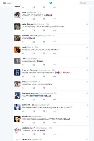 Kun ylempänä videolla oleva Islannin voittomaali Itävaltaa vastaan syntyi, ihmiset reagoivat Twitterissä. Kaikki kuvassa näkyvät tviitit on julkaistu klo 20.51. twitterissä kommentoidaan islannin voittomaalia livenä