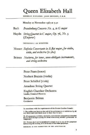 Ensimmäisen EBU-konsertti pidettiin uudessa Queen Elizabeth Hallissa 27.11.1967. EBU:n konserttihojelma 27.11.1967