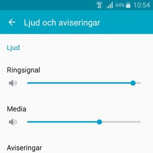 Genom att justera ljudnivån på media kan du påverka ljudet på musik, videor och spel Skärmdump från en Samsung A5 telefon på ljudinställningar.