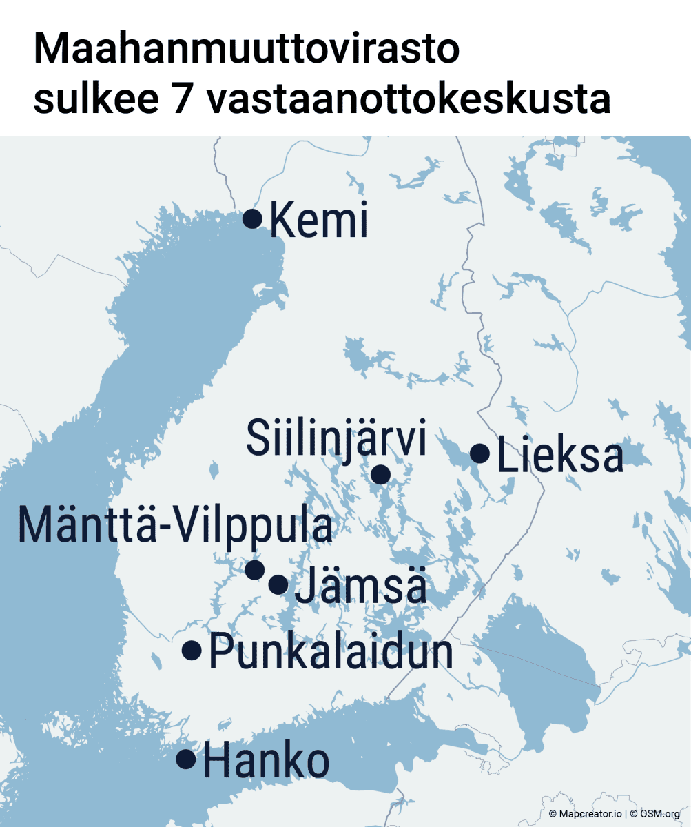 Maahanmuuttovirasto sulkee 7 vastaanottokeskusta: Kemin, Siilinjärven, Lieksan, Mänttä-Vilppulan, Jämsän, Punkalaitumen ja Hangon vastaanottokeskukset.