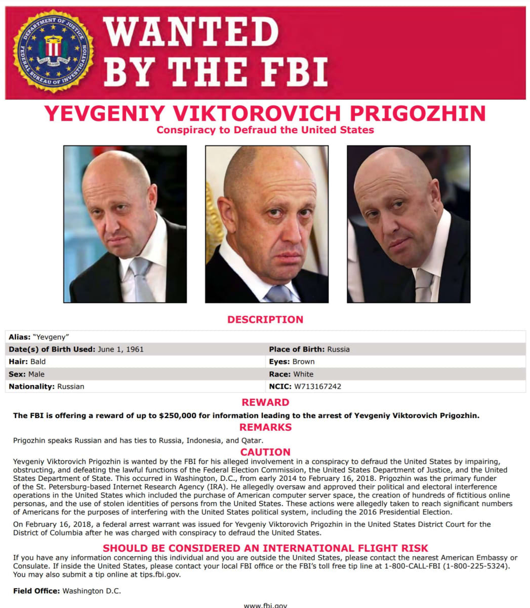 FBI:n etsintäkuulutus Jevgeni Prigožinista