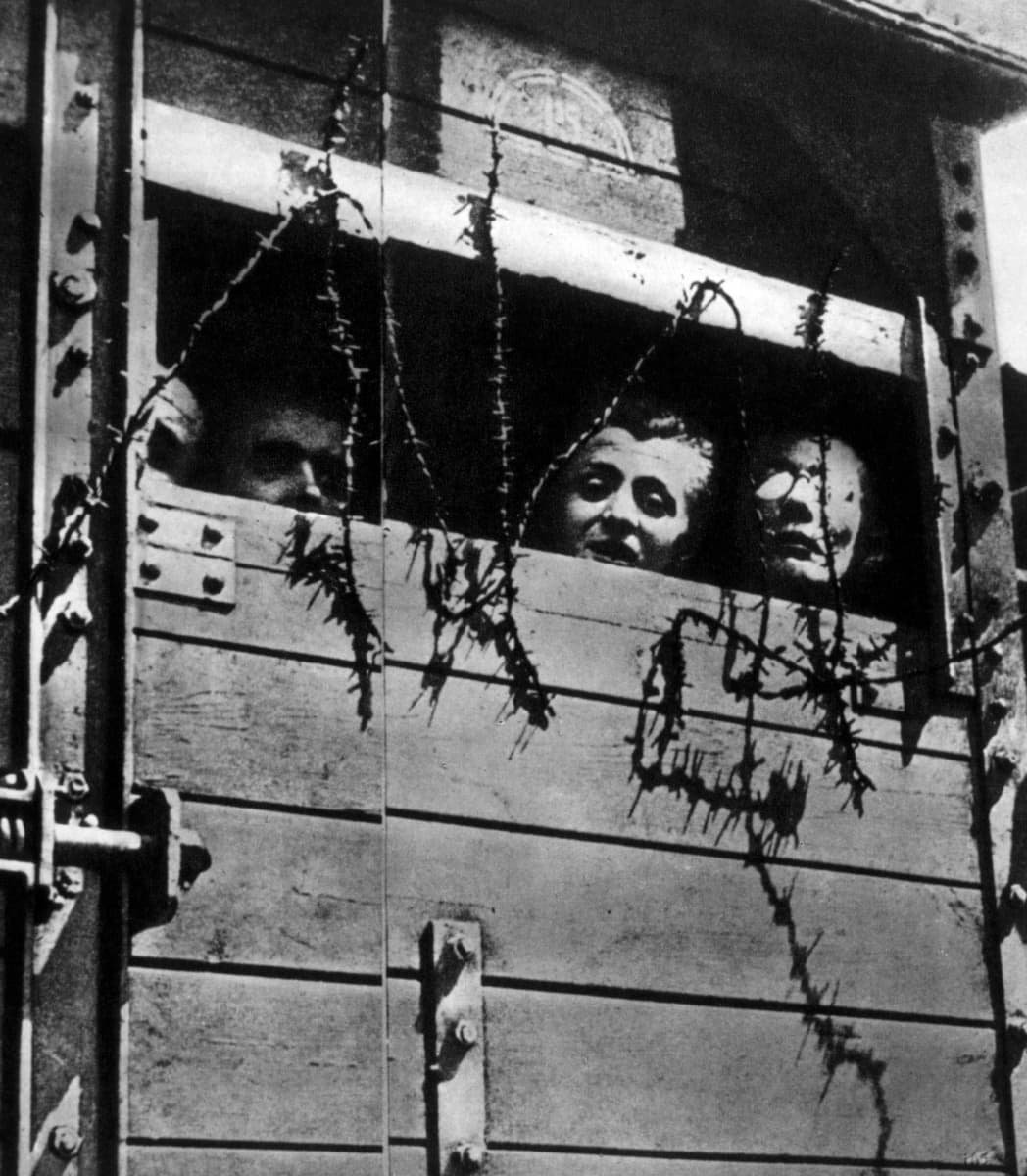 Vankeja junavaunussa matkalla Auschwitzin keskitysleirille v.1944.