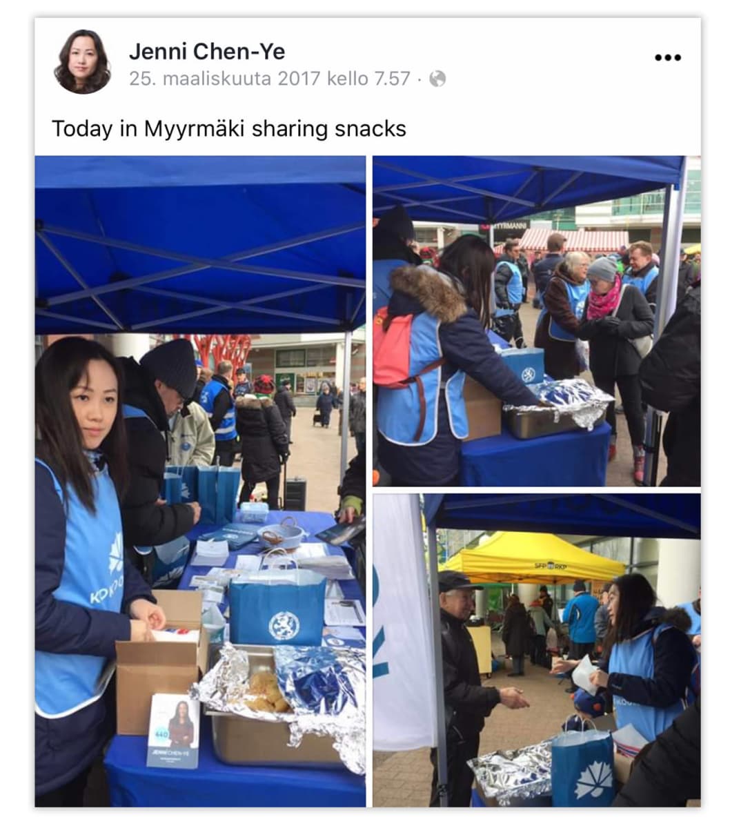 Jenni Chen-Ye Kokoomuksen teltalla Kokoomus-liivi päällä.