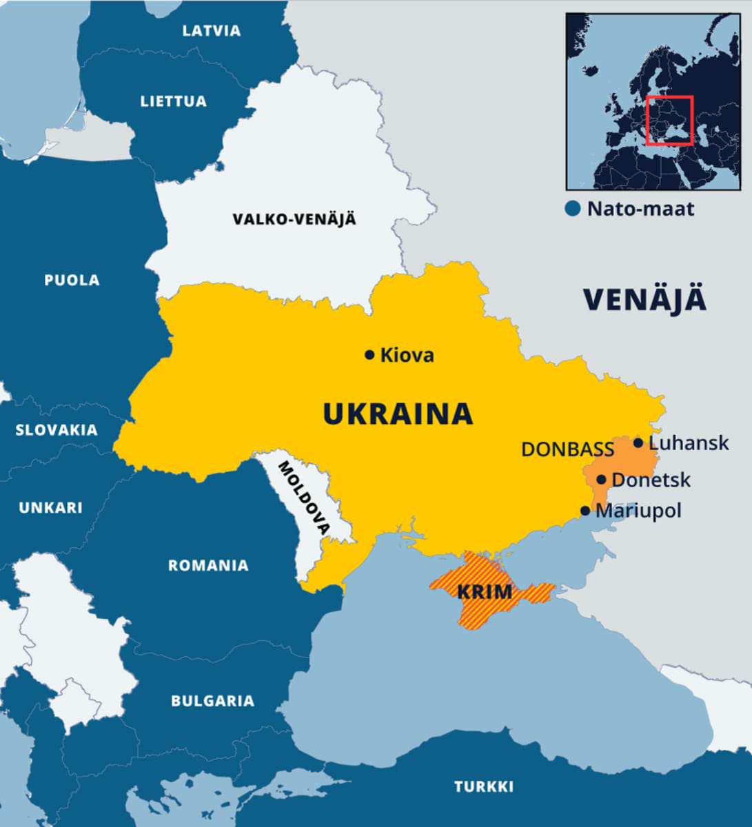 Ukrainan ja sitä ympäröivien Nato-maiden kartta.