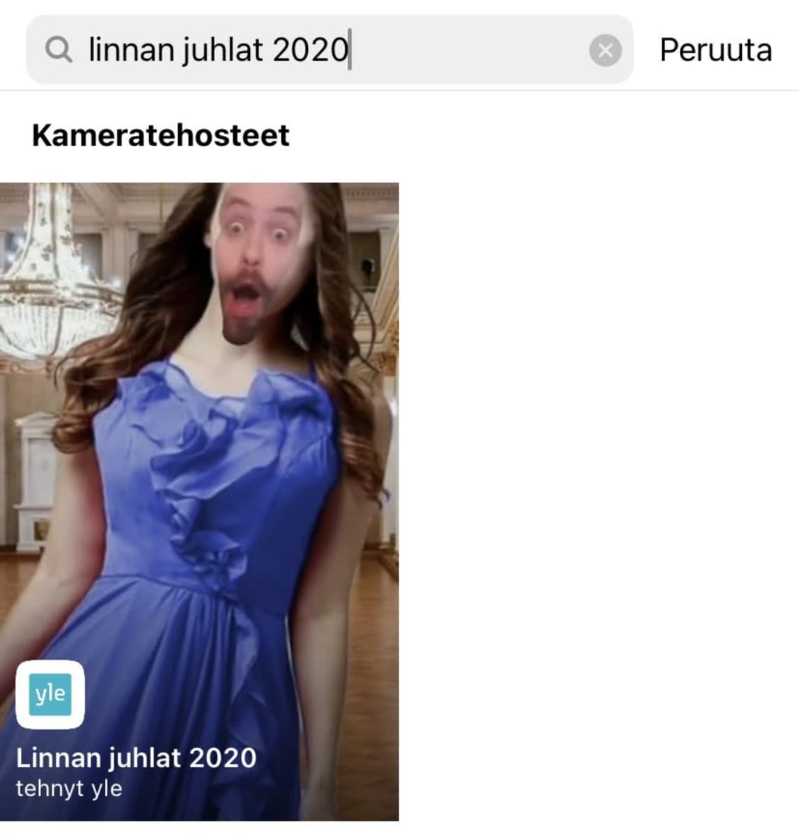 Instagramin hakunäkymä, josta on etsitty Linnan juhlat 2020 -kameratehoste.