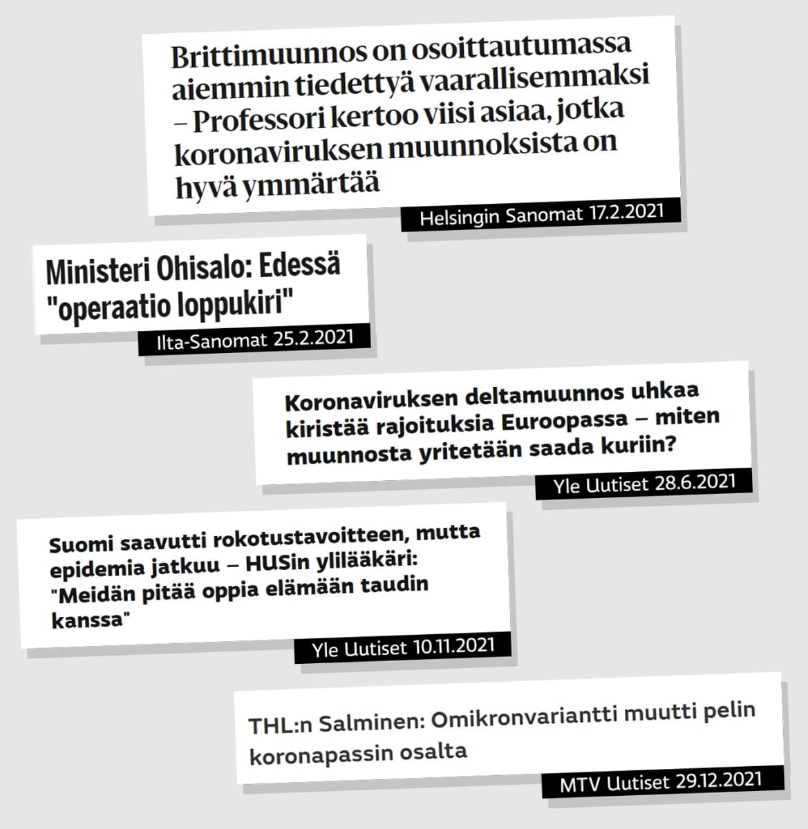 Otsikkorevinnäiset Helsingin Sanomilta, Ilta-Sanomilta, Yleltä ja MTV Uutisilta.