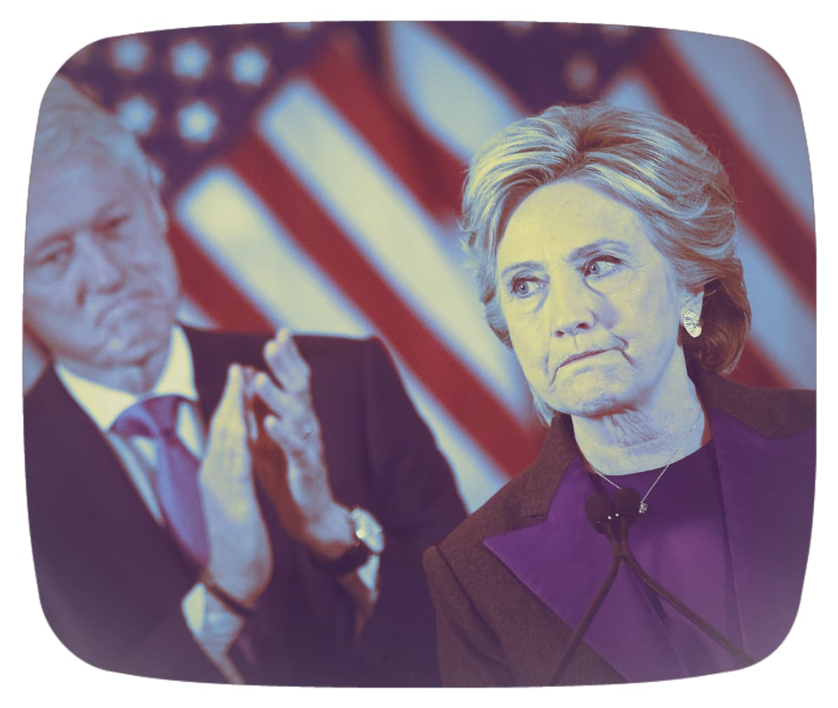 Käsitelty kuva Bill ja Hillary Clintonista.