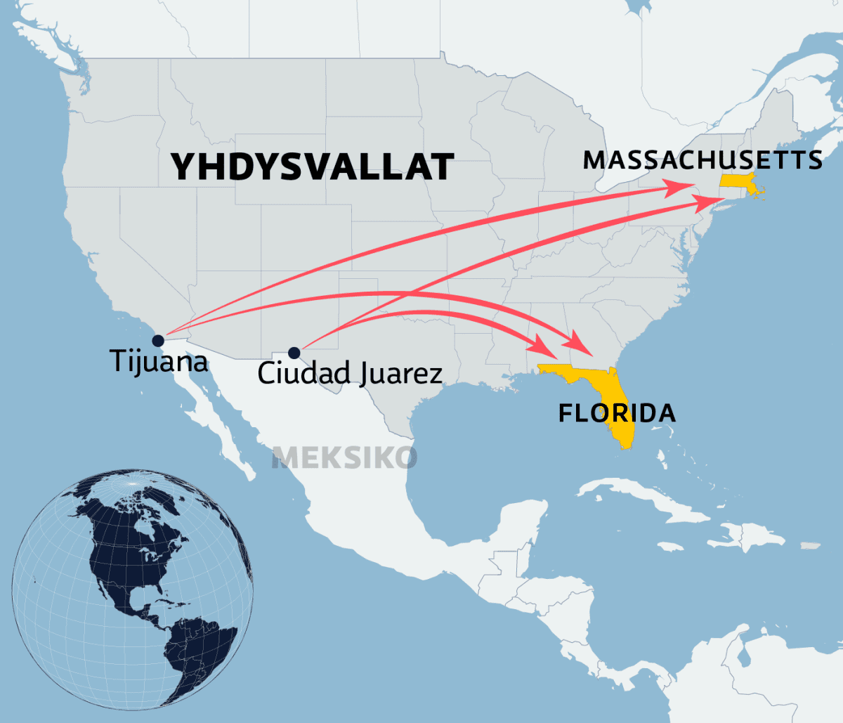 Kartalla Floridan ja Massachusettsin osavaltiot Yhdysvalloissa. Meksikon vastaisista rajakaupungeista Tijuana ja Ciudad Juarez lähtevät nuolet Floridaan ja Massachusettsiin.