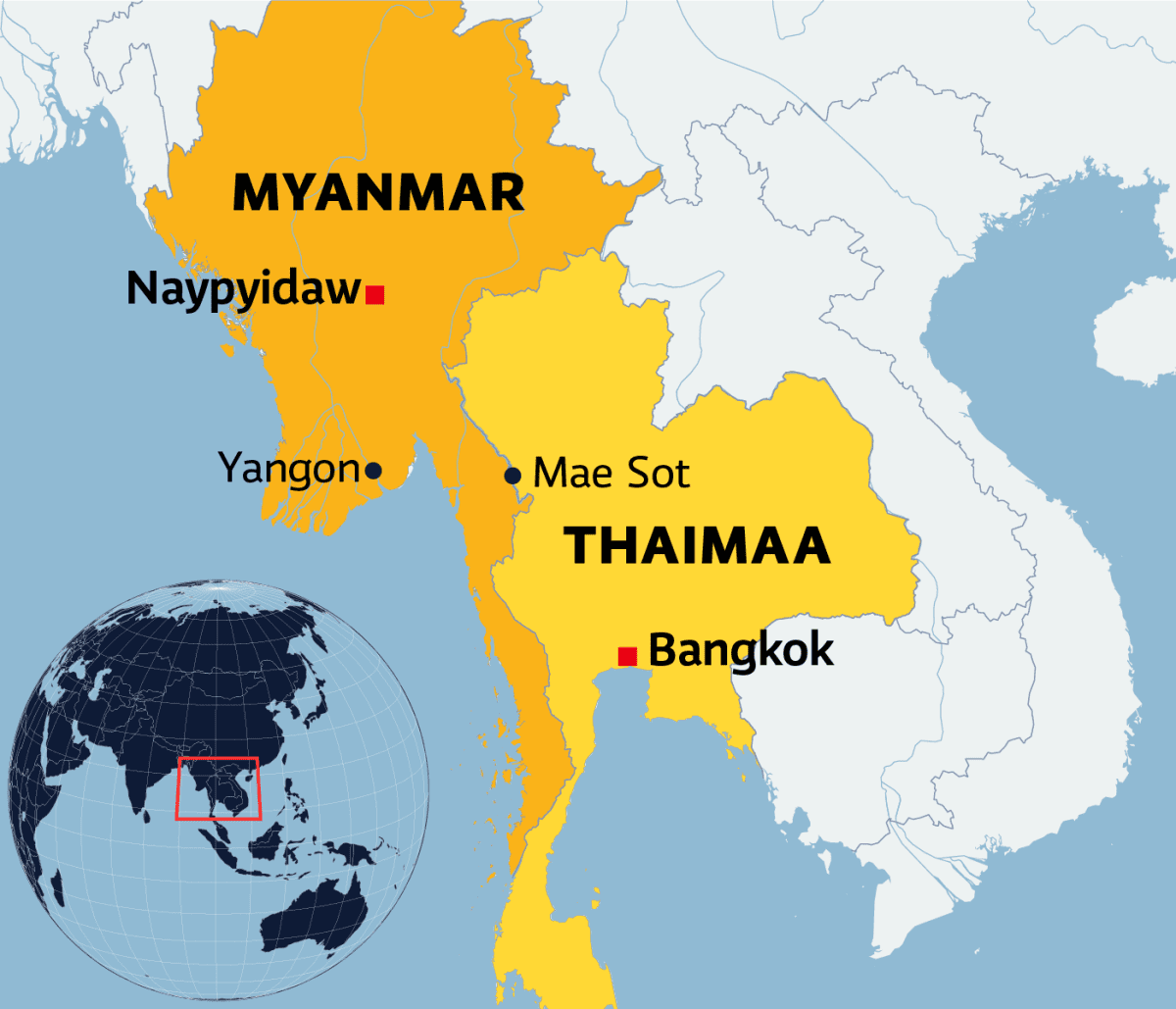 Kartalla Myanmar ja Thaimaa.