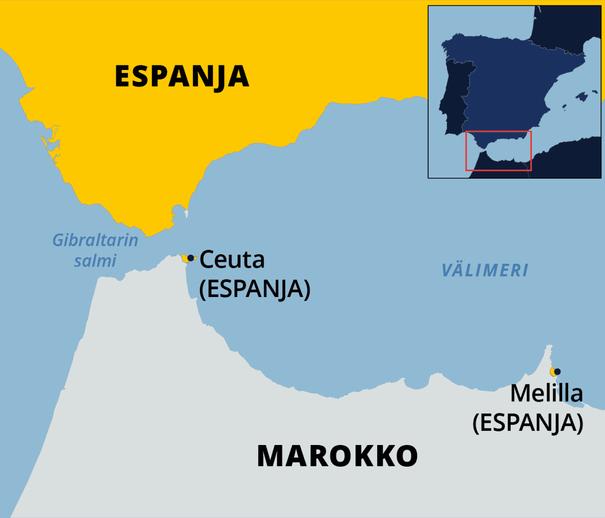 Espanjan Pohjois-Afrikassa sijaitsevaan Ceutan kaupunkiin saapui  ennätysmäärä Eurooppaan pyrkiviä – sisäministerin mukaan noin 6 000 ihmistä  saapui uimalla ja rantoja pitkin