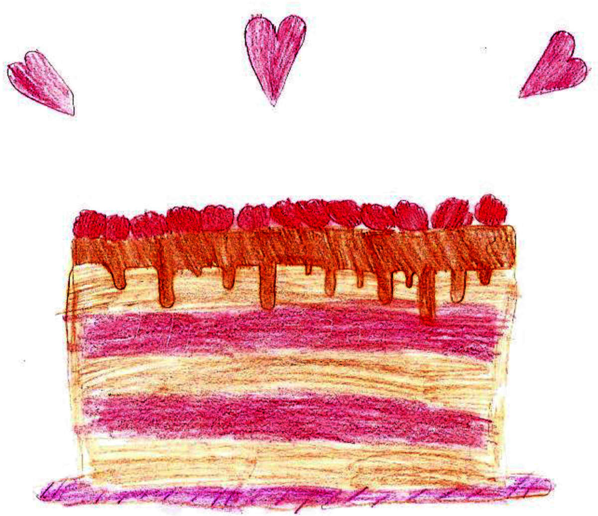 Lapsen piirtämä punainen täytekakku, jonka yläpuolella on kolme sydäntä.