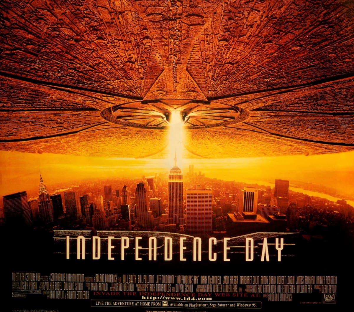 Independence Day -elokuvan julisteessa valtava avaruusalus peittää New Yorkin taivaan. 