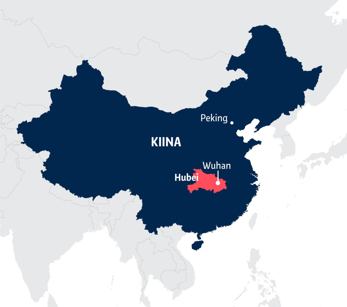 Kiinan kartta, jossa Hubein sekä Pekingin ja Wuhanin kaupunkien sijainnit.