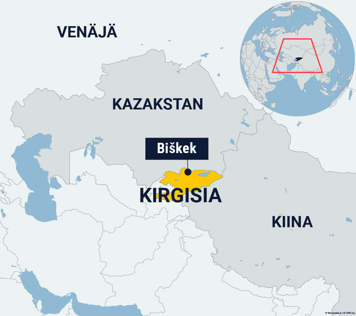 Kirgisian ja pääkaupunki Biškekin sijainti kartalla.