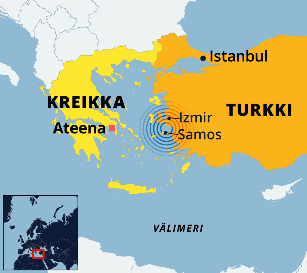 Maanjäristys Egeanmerellä Turkin rannikolla, kartassa Izmir ja Samos.