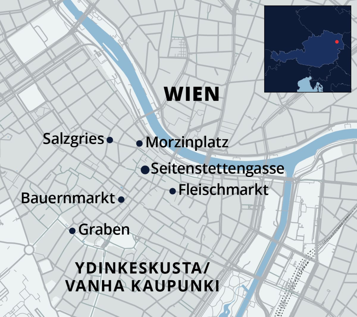 Wienin ammuskelupaikat kartalla.