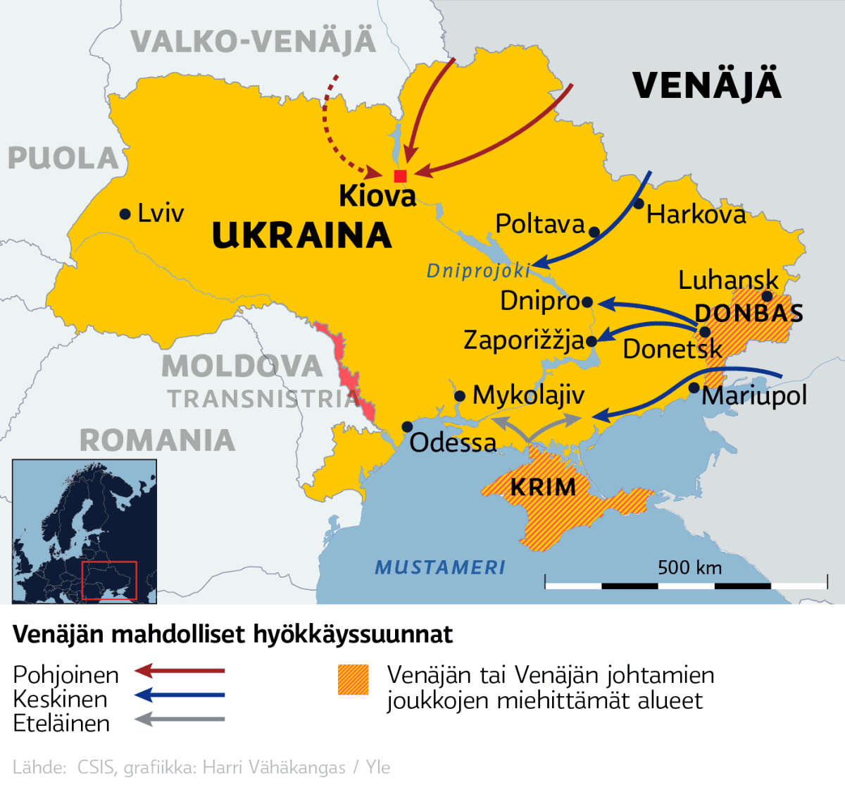 Kartalla Venäjän mahdolliset hyökkäyssuunnat Ukrainassa. 
