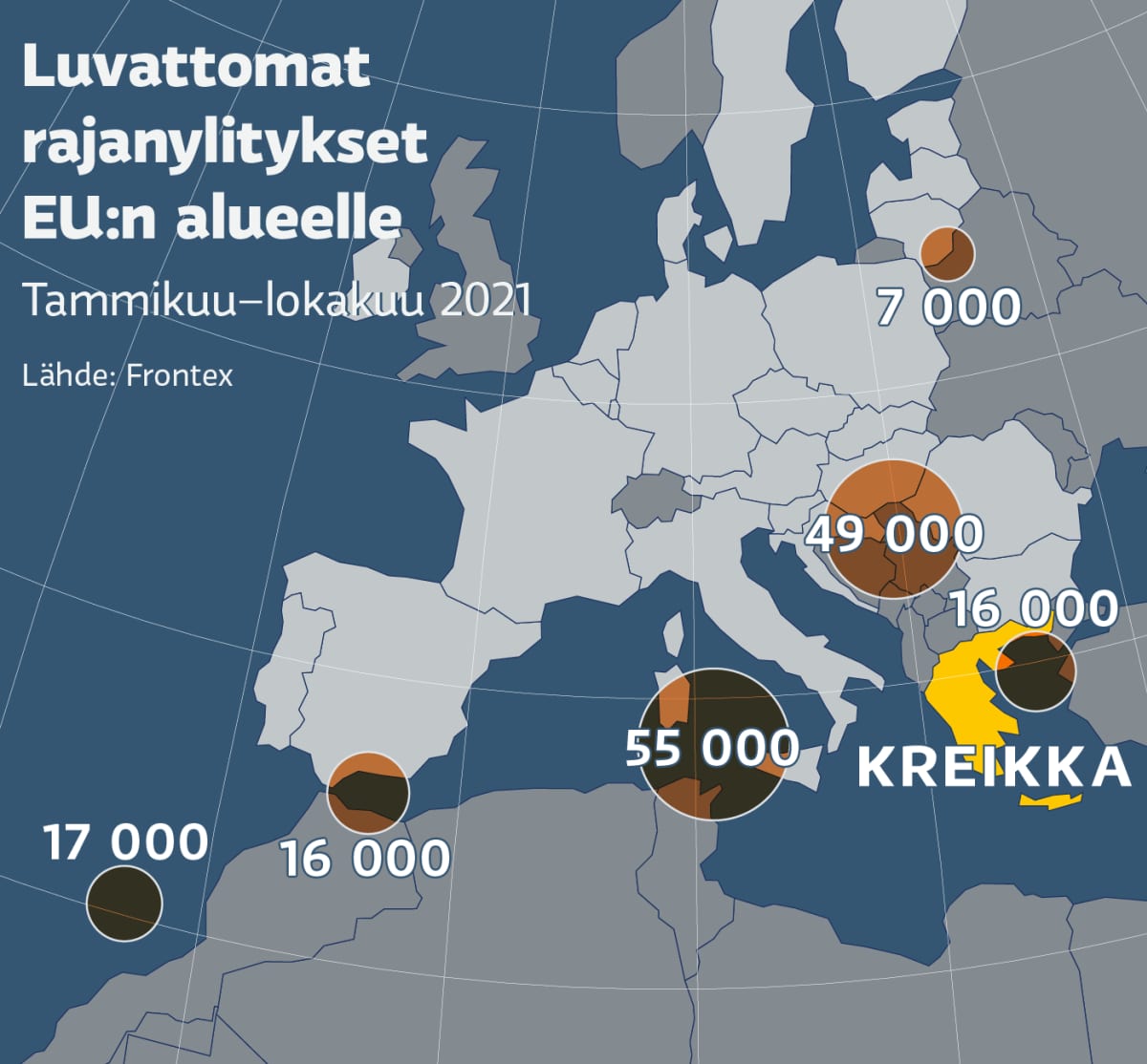 Infokartalla luvattomien rajanylitysten määrät Euroopan Unionin alueella.