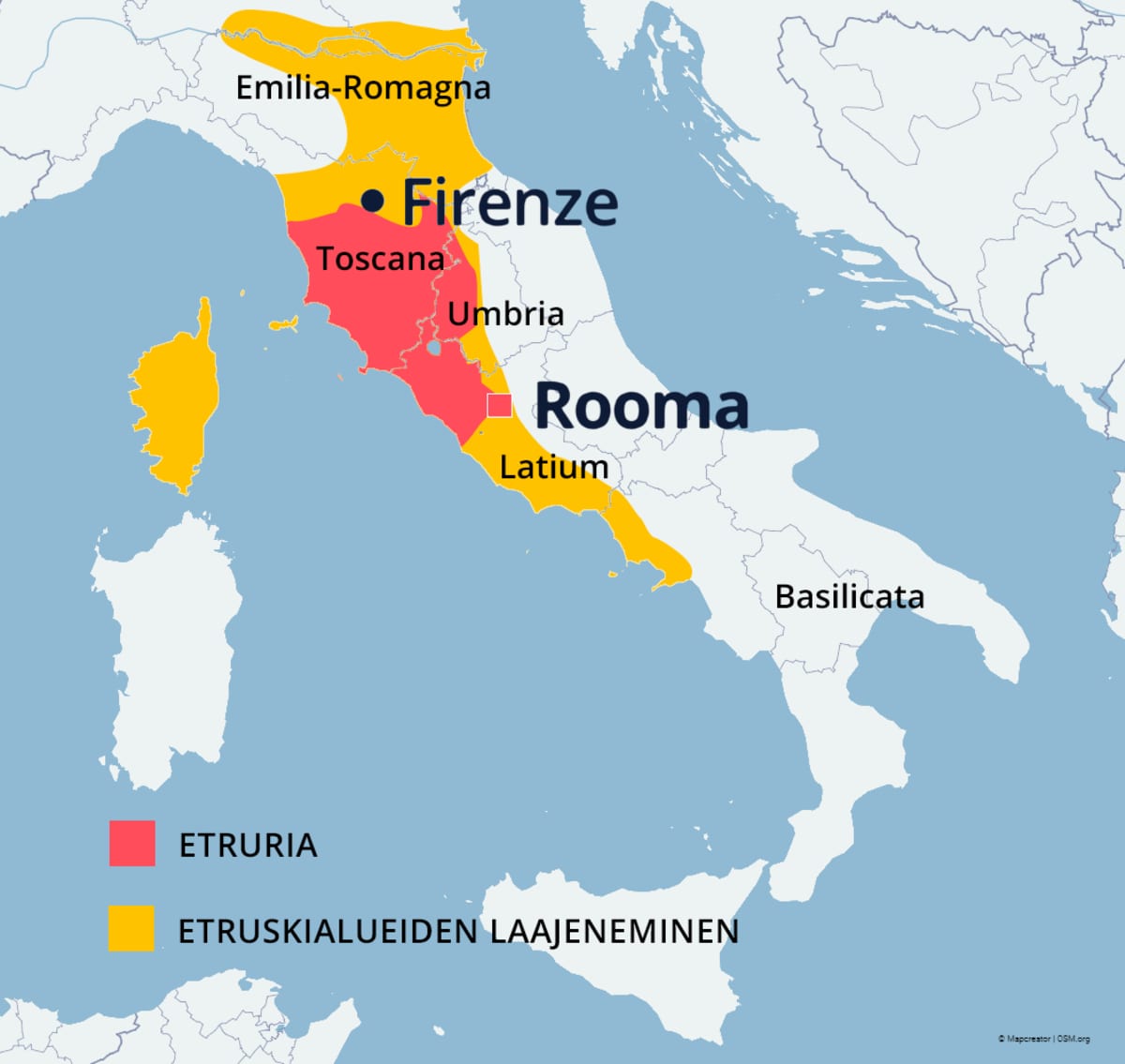 Kartta etruskien Etruriasta ja etruskialueiden laajenemisesta. Etruria oli Firenzen ja Rooman välissä.