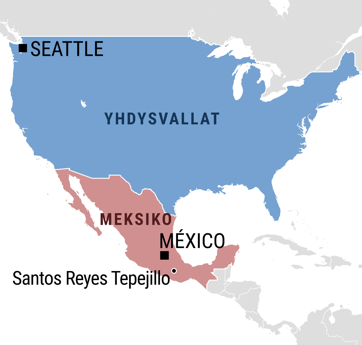 Kartta Yhdysvalloista ja Meksikosta.