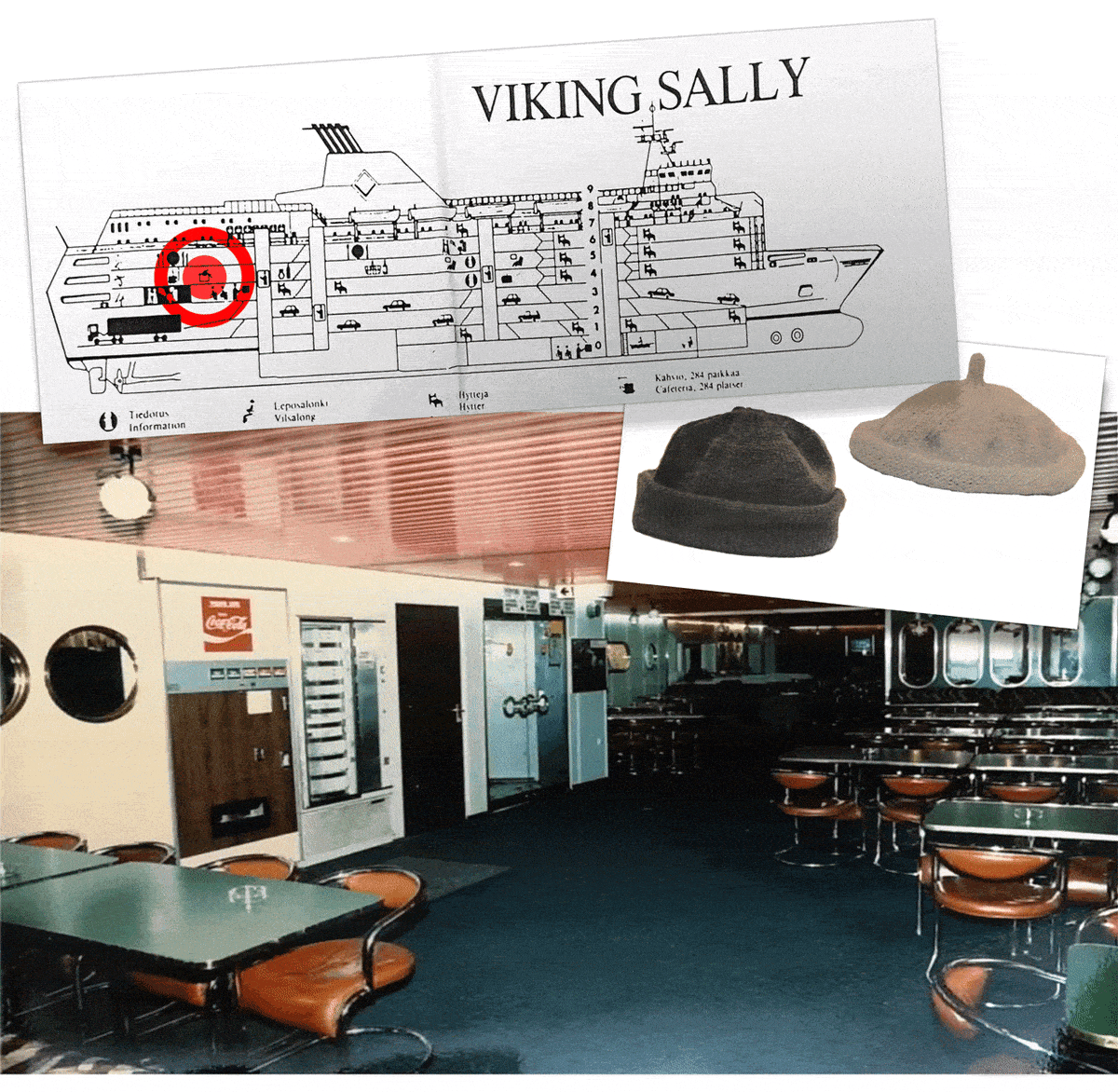 Laivan kartta ja valokuvat laivan kahviosta ja kahdesta myssystä.