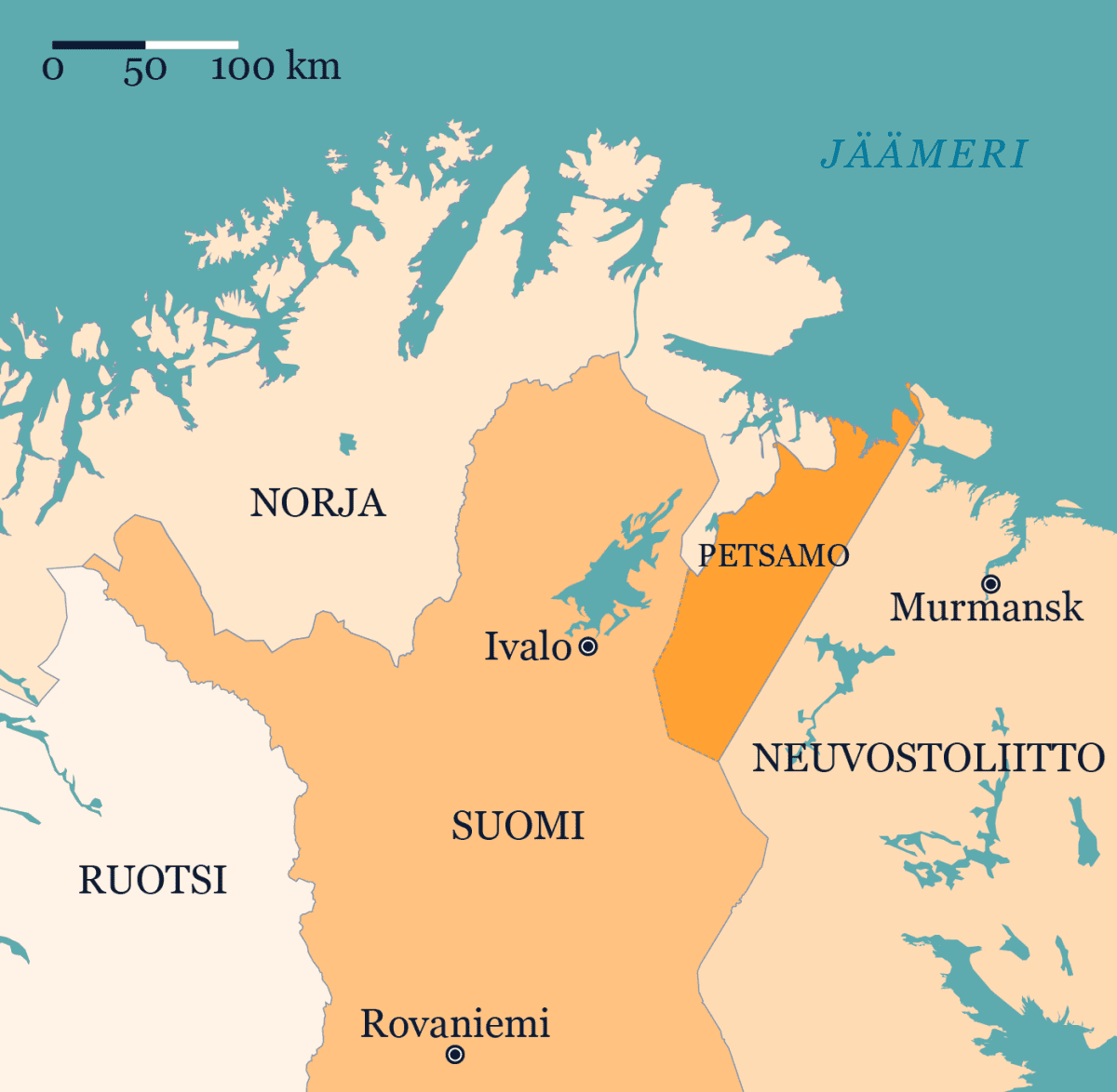 Kartalla vuosina 1920-1944 Suomeen kuulunut Petsamon alue.
