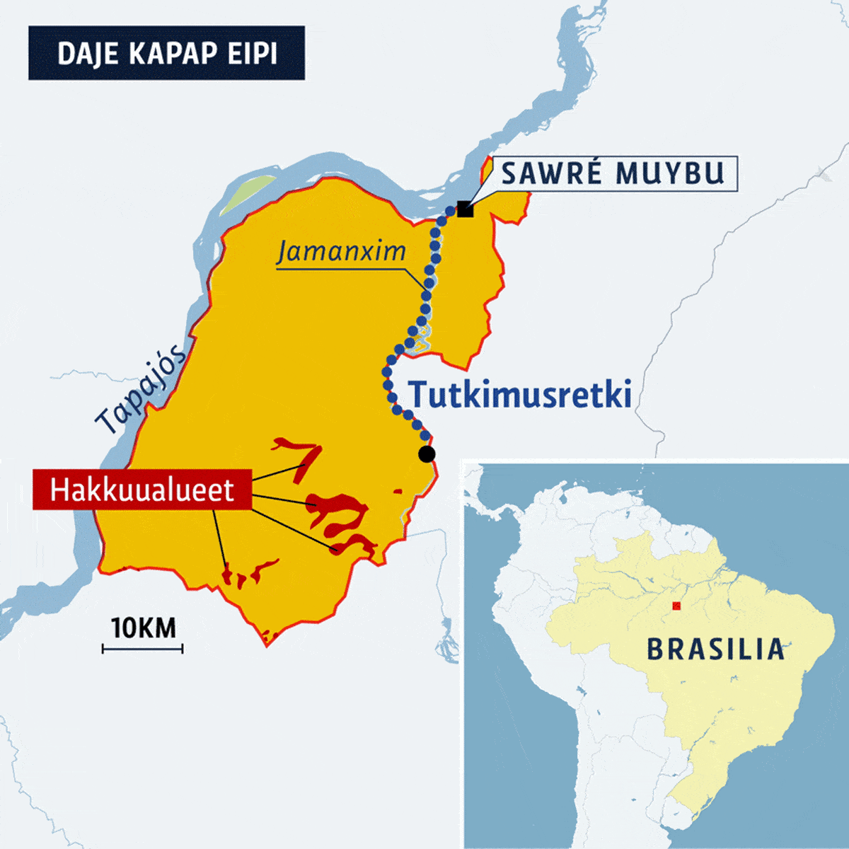 Kartta tutkimusretken reitistä Jamanxim-joella Daje Kapap Eipissä Brasiliassa.