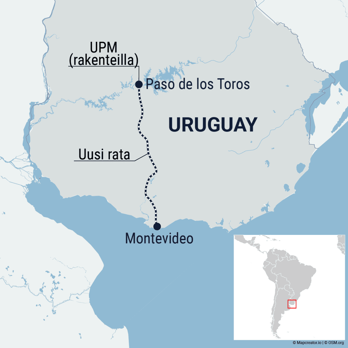 Kartta rakennettavasta junaradasta Uruguaysta Paso de los Torosta Montevideoon.