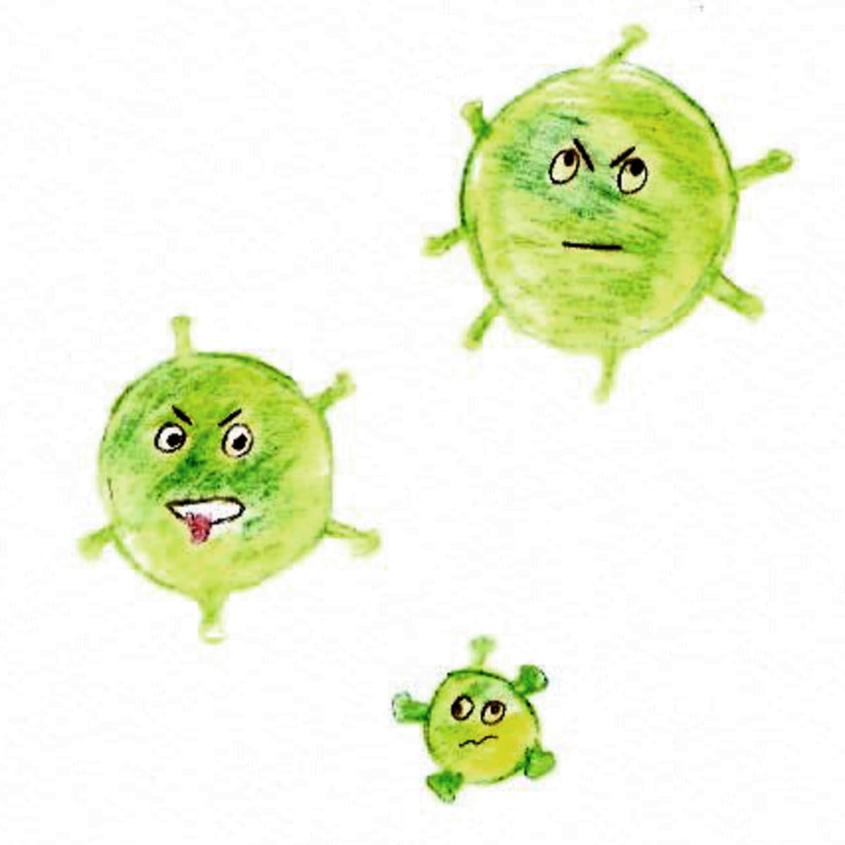 Kolme vihreätä ympyrää, joille on piirretty yrmeät kasvot ja sakaroita kuin korona-viruksella.