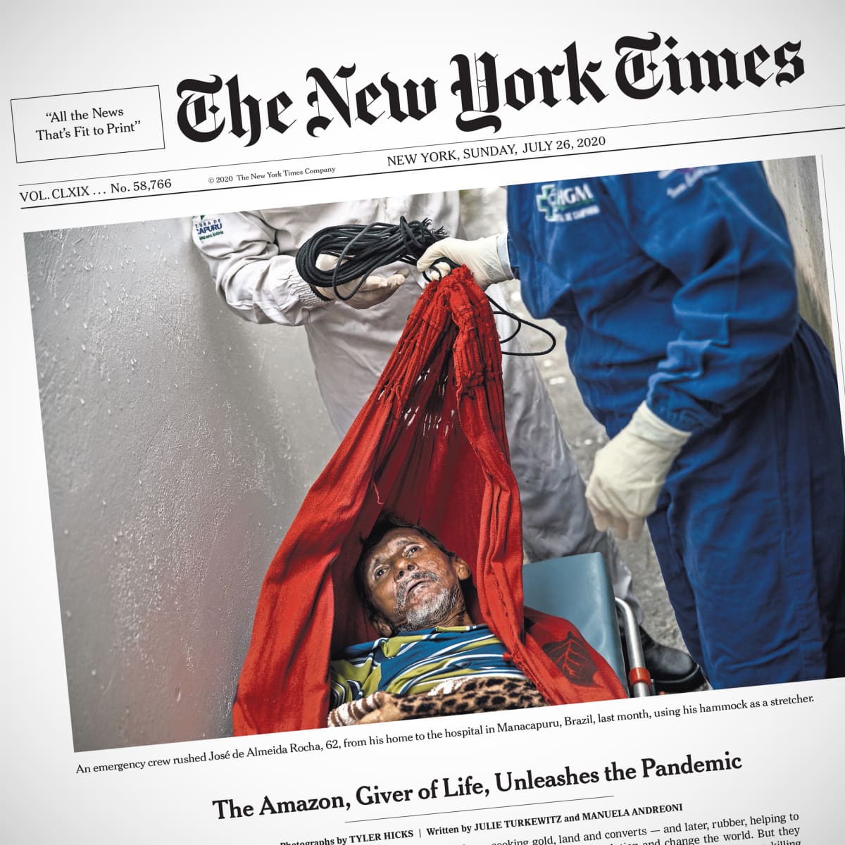 New York Times -lehden kansikuva, jossa koronapotilasta siirretään riippumatolla Brasiliassa.