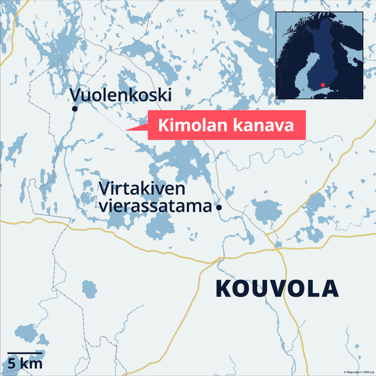 Kartta Kimolan kanavan sijainnista Kouvolassa.