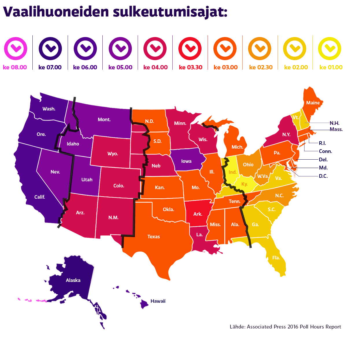 Usa:n vaalihuoneiden sulkeutumisajat.