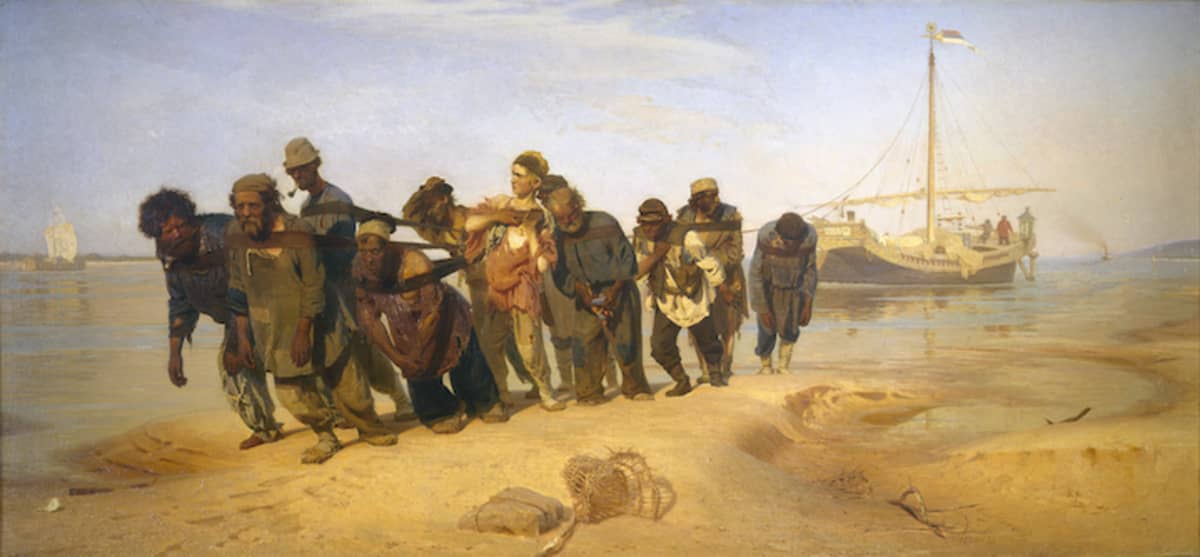 Ilja Repin: Volgan lautturit. Miehet kiskovat proomua.