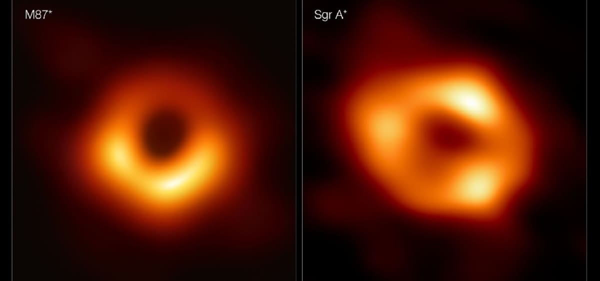 Kaksi kuvaa mustan aukon ympärillä pyörivästä kuumasta massasta. 