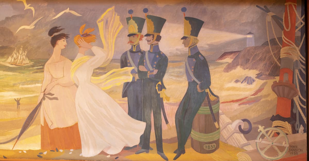 Kuvassa Tove Janssonin maalaus, jossa on naisia ja sotilaita meren äärellä.