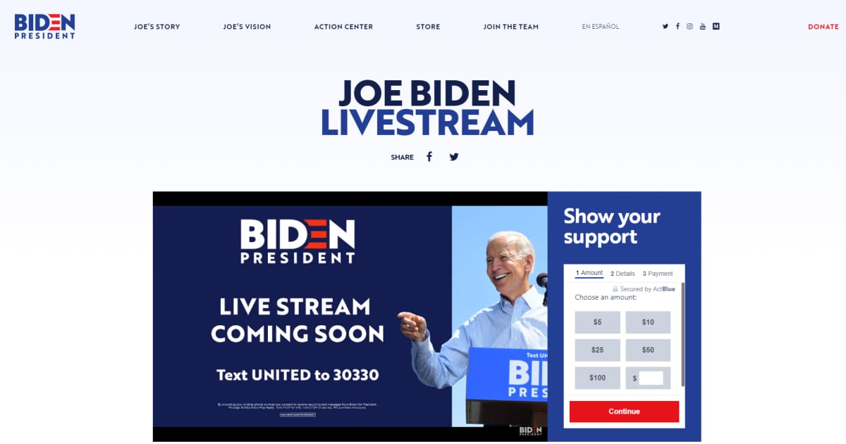 Joe Bidenin nettisivuilta kuvakaappaus.