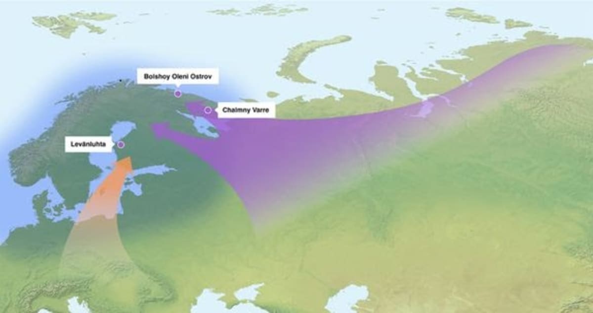 Kartta, jossa näkyvät nuolina geenivirrat Suomeen.