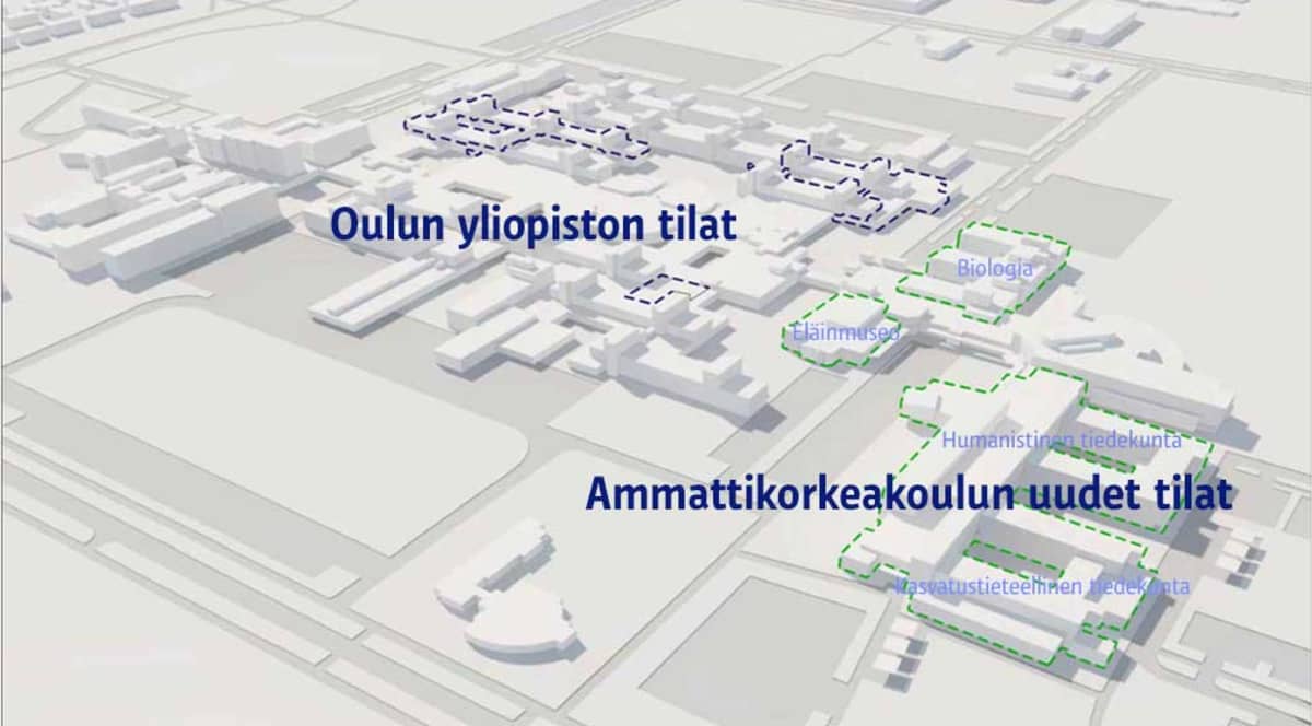 Oulun ammattikorkeakoulun ja yliopistojen tilojen sijoittuminen Linnanmaan kampusalueelle.