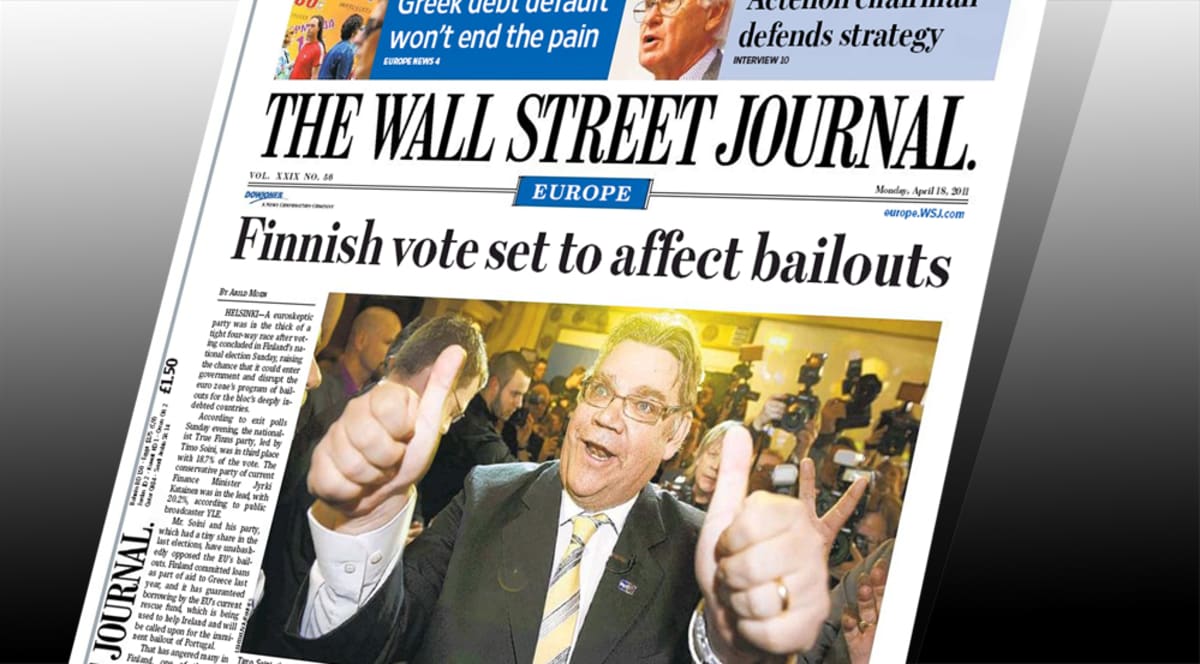 The Wall Street Journalin etusivu. Pääkuvassa Timo Soini peukut pystyssä.