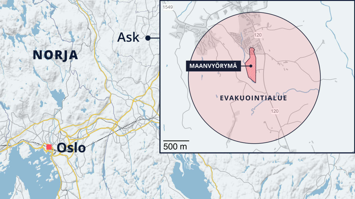 Norjan Gjerdrumin alueella tapahtuneen maanvyörymän ympäriltä evakuoidaan useiden kilometrien alue. Alkuperäinen vyörymäalue oli noin 20 hehtaaria, mutta alueen reunoilla on tapahtunut uusia sortumia. Evakuointialueen tarkat rajat eivät näy kartassa.