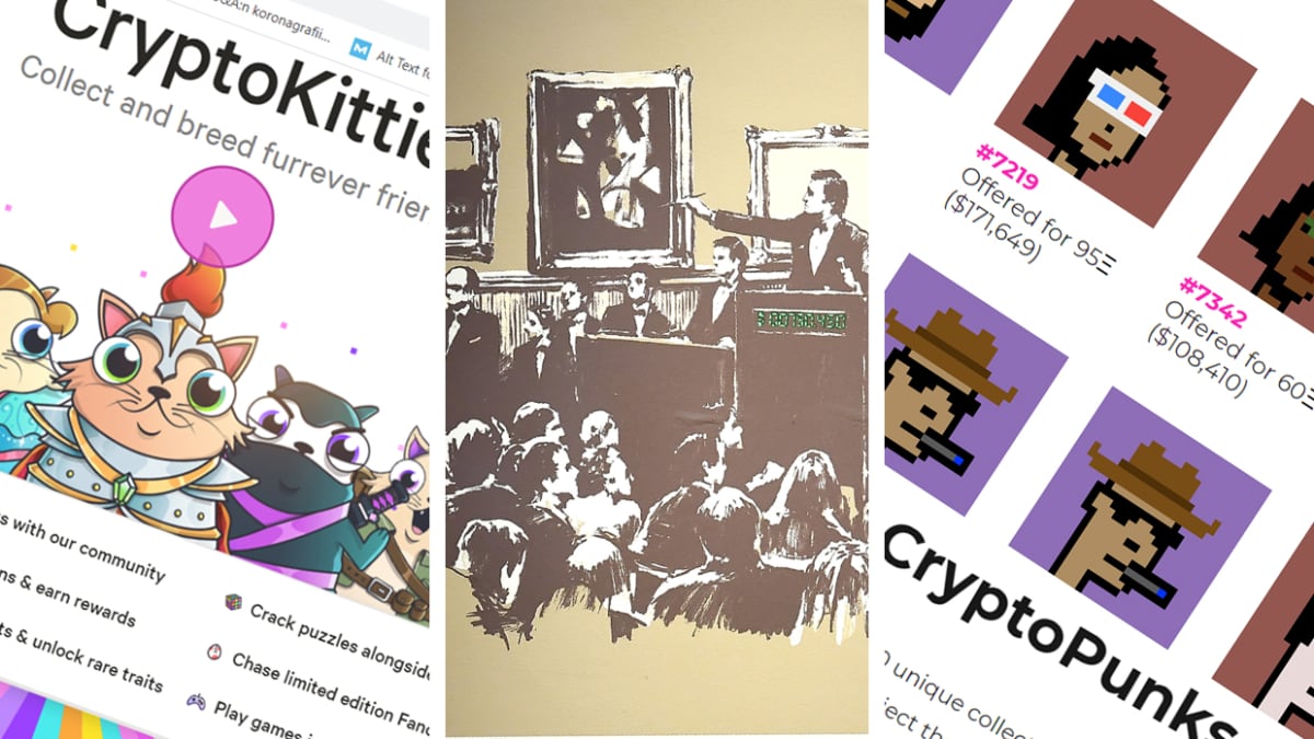 Erilaisia kryptoteoksia: CryptoKitties, Banksy ja CryptoPunks.