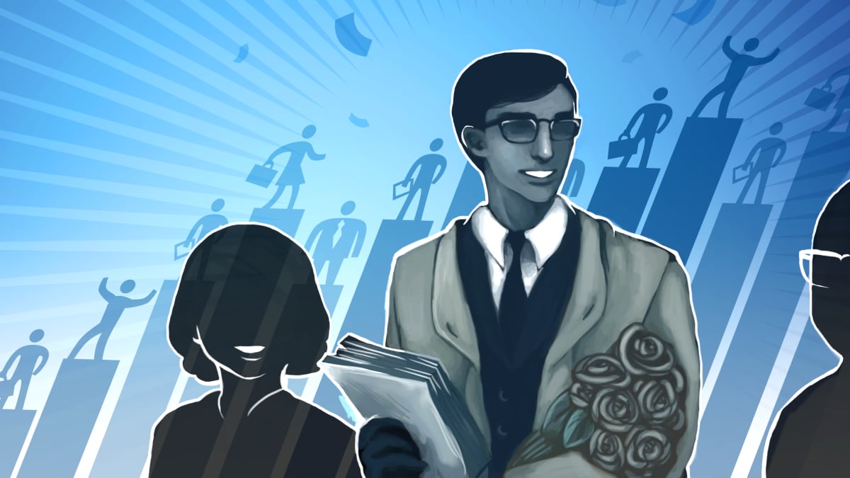 Grafiikka, jossa on mies puku päällä ja naisen siluetti.