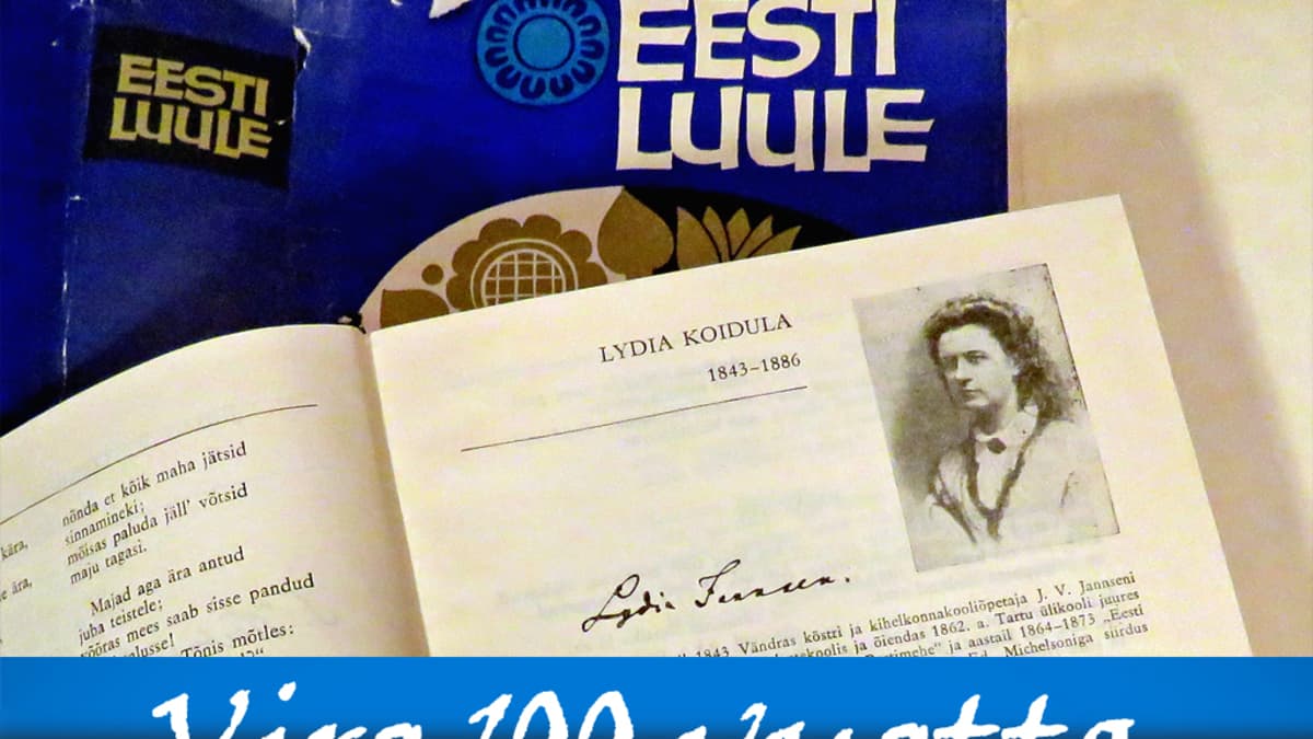 Eesti luule eli Viron runous -kirjan kansi ja kirja auki kohdasta, jossa on Lydia Koidulan kuva ja nimikirjoitus.