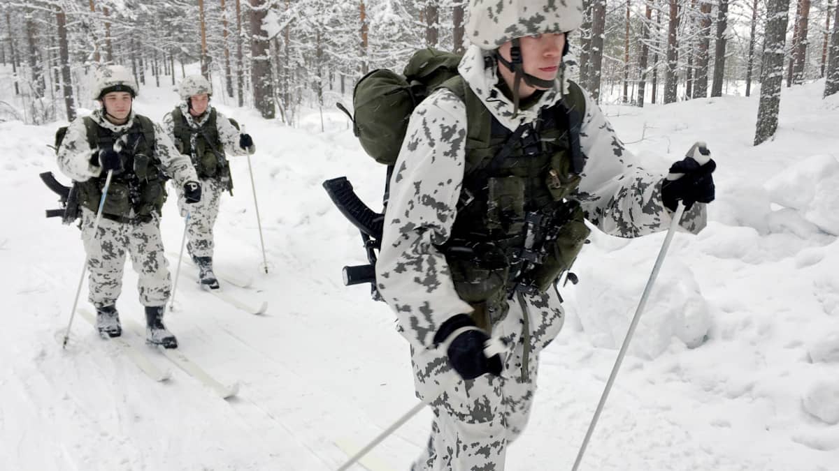 Kainuun prikaatin jääkäreitä hiihtoharjoituksessa Kuhmon Vuosangassa.